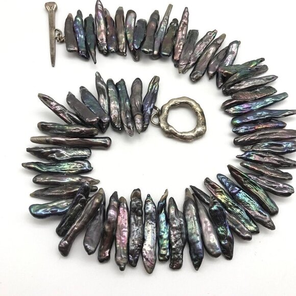 Vintage 925 Sterling Silver Chunky Abalone Unique Abstract Toggle Necklace - Picture 10 of 11